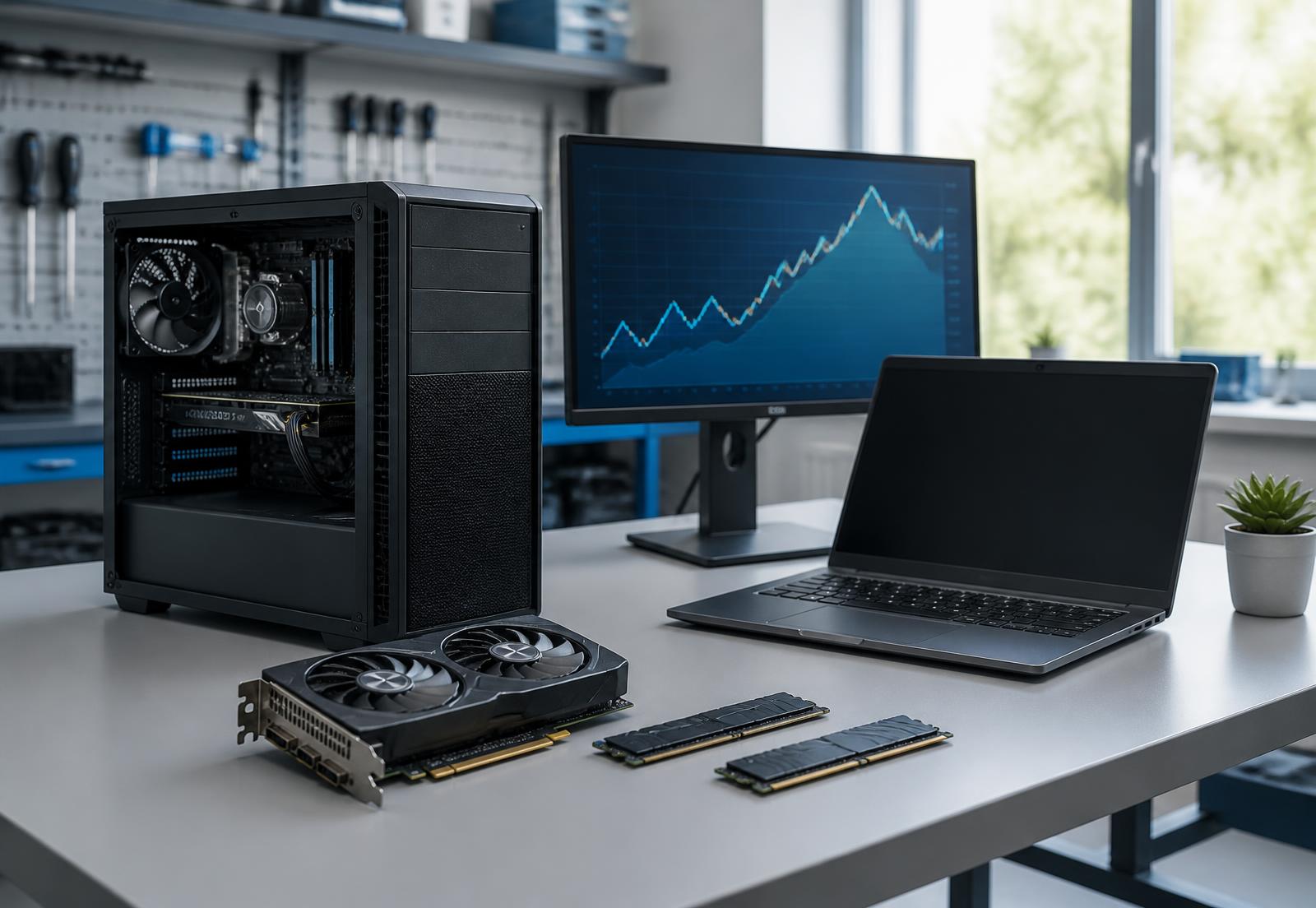 Refurbished desktop PC, laptop and monitor on a repair workbench